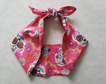 pink sugar skull day of the dead bandana, rockabilly pin up psychobilly hairband headband