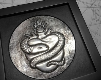Sacred Heart & Snake : hand embossed repoussé metal wall art