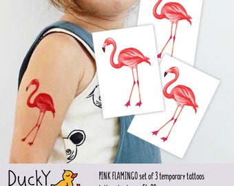 Set of 3 temporary tattoos "Pink flamingo". Watercolor hand painted illustration, summer vibes. Tropic and flamingo party favors. TT117