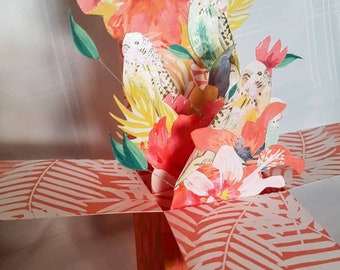 3D Pop up Paradise Birds explosion box card. Beautiful and unique for birthdays, anniversaries, weddings or any occasion