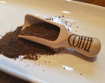 Wooden COFFEE Scoop, rustic farmhouse, Rae Dunn inspired, hand burnt, canister scoop
