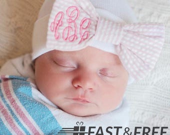 Personalized Embroidered Baby Girl Monogrammed Seersucker BOW - Your MONOGRAM- Your thread color- Hospital Hat