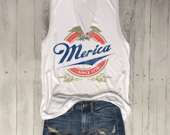 Merica Since 1776...Choker Neck Muscle Tee, Raw Edge Armholes, Vintage Concert T-shirt,Beer, petite, 4th July, Memorial Day, Star Spangled