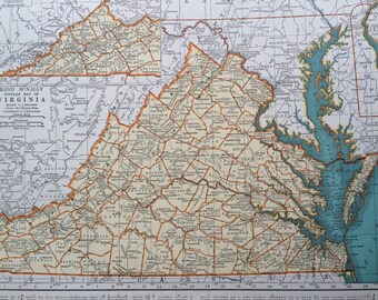 1937 VIRGINIA Original Vintage Map, 11 x 14 inches, State Map, Rand McNally, Home Decor, Cartography, Geography