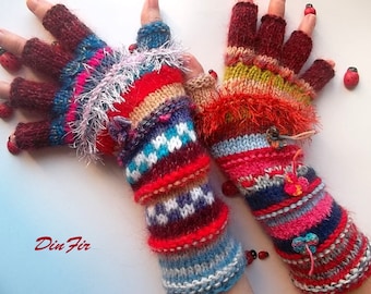 Women Size L 20% OFF Half Fingers Wool OOAK Ready To Ship Mittens Wrist Warmers Winter Arm Gloves Hand Knitted Gift Striped Multicolor 93