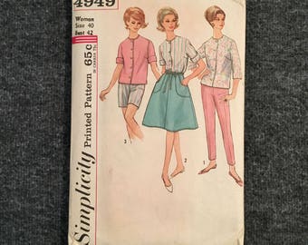 Vintage 1960s Simplicty Printed Pattern for Pants, Blouse and Skirt - Size 20 Bust 42