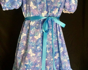 ABDL/Little/Sissy Ruffled peasant dress- blue and purple butterflies