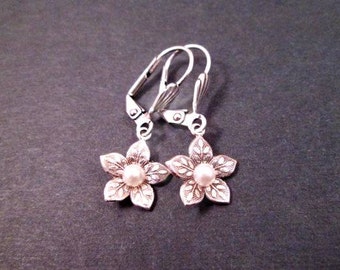 Silver Flower Earrings, White Pearl Centers, Small Dangle Earrings, FREE Shipping U.S.