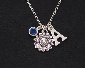 sunflower necklace, Initial necklace, birthstone necklace, silver flower charm, sister friend gift, flower girl, bridesmaids gifts, for her