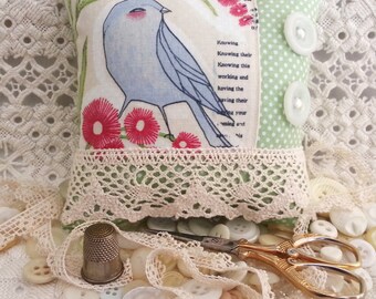 Pincushion with Vintage Buttons and Lace, Lacy Pincushion, Pincushion Pillow, Bluebird Pincushion, Lace Pincushion, Lacy Pin Keep