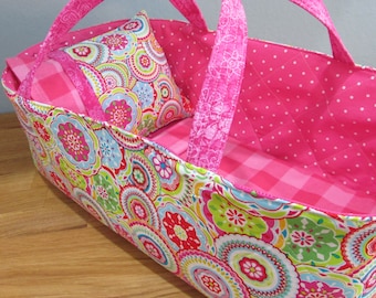 Doll Carrier, Will Fit Bitty Baby and Wellie Wisher Dolls, Colorful with Bright Pink Lining, 16 Inches Long, Doll Basket