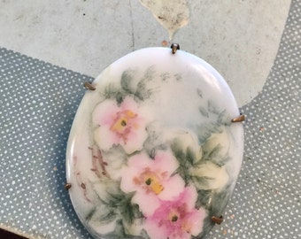 1900 Circa Porcelain Victorian Floral Roses Brooch Pin C-Clasp Brass Back