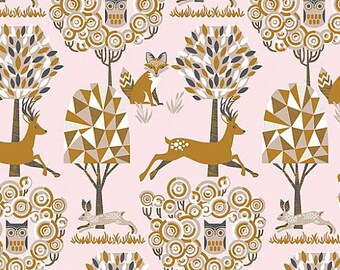 Natural Wonder Fabric by Josephine Kimberling for Blend Fabrics Enchanted Forest Woodland Animals on Light Pink