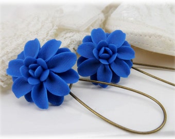 Blue Dahlia Dangle Earrings - Blue Dahia Drop Earrings, Blue Flower Earrings