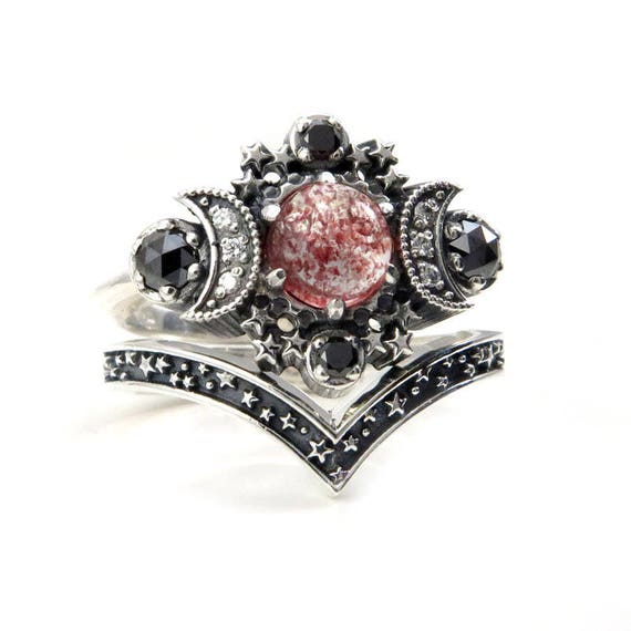 Strawberry Quartz Cosmos Moon and Star Celestial Engagement Ring Set - Sterling Silver
