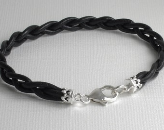 Sterling Silver Heart Scalloped Edge Braided Leather -Black,Brown, Pearl Bracelet/Anklet/Ankle, 3rd Anniversary Gift for Her, Valentines Day