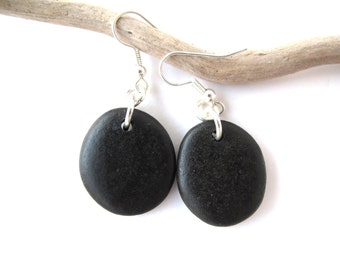 Rock Earrings Beach Stone Earrings Natural Stone Earrings Mediterranean Jewelry River Stone Earrings Pebble Earrings Black Silver LAL