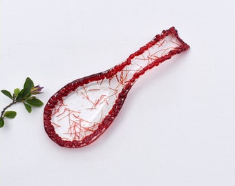 Fused glass spoon rest or dish in clear with red lines and transparent red
