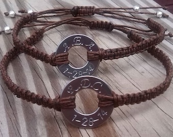 SALE: Couples Hand Stamped Initials and Dates Matching Bracelets His and Hers