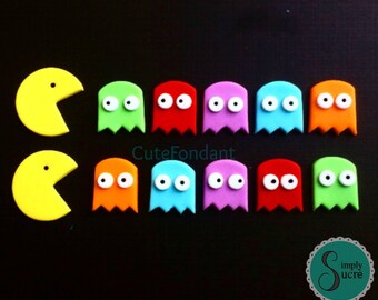 12 Pacman and Ghosts fondant cupcake toppers - Pacman birthday - Pacman cupcake toppers - Pacman fondant