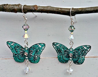 Verdigris Butterfly Earrings, Bohemian Earrings, Nature Inspired Earrings, Filigree Earrings, Dangle Earrings, Lightweight Earrings