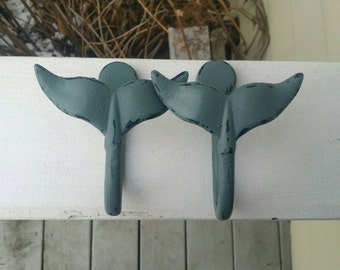 Single Hook Wall Decor, Metal Whale Fin, Hand Painted/Hand Distressed (BOTH HOOKS INCLUDED) // Whale Fin Hook // Whale Hook // Nautical //