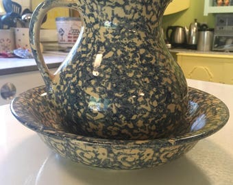Vintage Robinson Ransbottom Spongeware Pitcher and Bowl Set Pitcher and Wash Basin Roseville Ohio Collectable Pottery Farmhouse Chic Decor