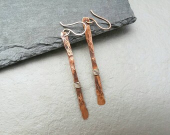Copper earrings, long dangle earrings, hammered copper earrings, mixed metal earrings, statement earrings, boho earrings, rustic earrings