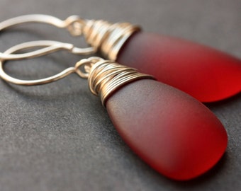 Red Seaglass Earrings. Red Earrings. Sea Glass Earrings. Wire Wrapped Wing Earrings. Handmade Jewelry.