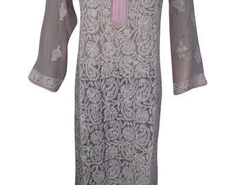 Light Pink Floral Embroidered Ethnic Tunic Long Sleeves Designer KURTI Dress S/M