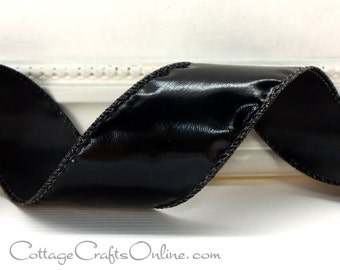 Halloween Wired Ribbon 1 1/2", Black Gloss "Patent Leather" Look, THREE YARDS - Offray "Patina" Fall Craft Wire Edged Ribbon