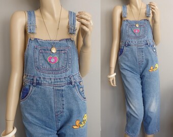 90s grunge Looney Tunes Tweety Bird denim jean bib overalls distressed Bib Overalls girls 10/12
