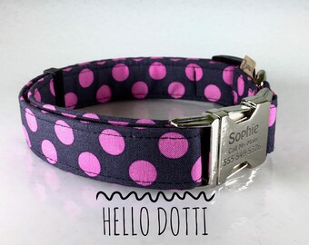 Trendy Pink Polka Dot Girl Dog Collar, Funky Mutt Dog Collar, Hipster Girl Collar, Small, Medium, Large, You Pick Size, Gray Pink Polka Dot
