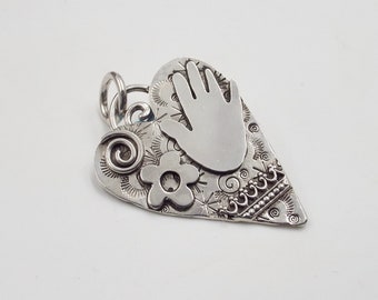 Heart, Hand and Flower Sterling Silver Pendant with Stamps, Swirls and Spirals. Silver Necklace