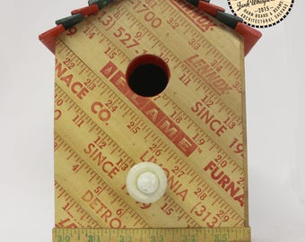 Vintage Yardstick Reclaimed Wood Reuse Repurposed Red and Green Birdhouse Made by Hand by Junkwhisperer.com