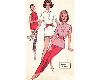 1960s Slim Tapered Pants or Short Shorts and Pullover Polo Top Size 16 Bust 36 Butterick 9377 Quick and Easy Vintage Sewing Pattern