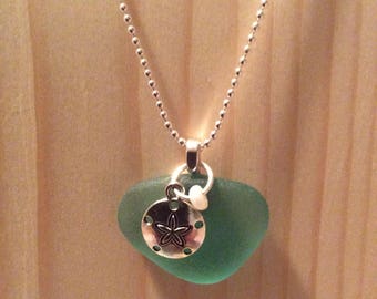 Teal Sea Glass With Sand Dollar Charm Necklace
