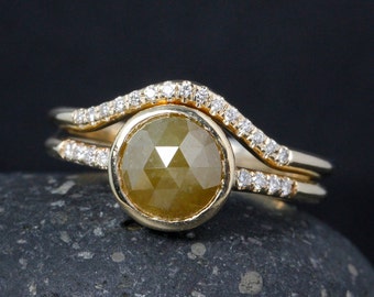 Gold Yellow Diamond Ring - Rose Cut Diamond Ring - Curved Wedding Band, Wedding Set