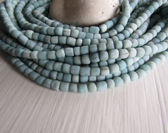 light blue glass seed bead, matte opaque barrel tube, small ethnic spacer, indonesian 3 to 6mm, new indo-pacific (22 inches)7ab29-18