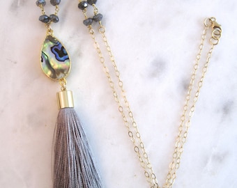 Gray Tassel Necklace | Rosary Necklace | Abalone Necklace | Labradorite Necklace | Tassel Necklace | Gold Necklace
