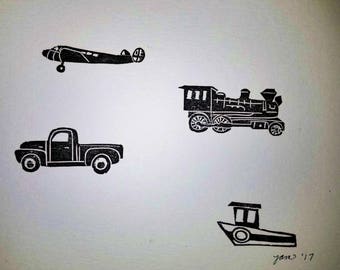 Transportation hand printed linocut