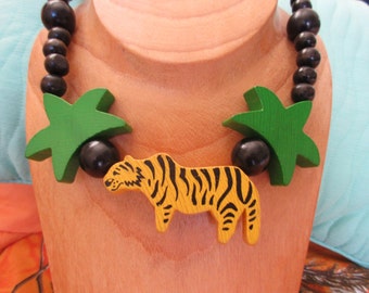 Whimsical Wooden Jungle Tiger Necklace
