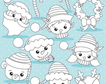 80 OFF SALE Christmas Faces Digital Stamp Commercial Use Snowman Vector Graphics Stamps