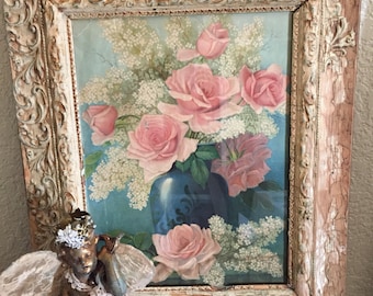 ON HOLD ! Please do not purchase ! Vintage Print/Litho Roses Gesso Pinks/Blues Shabby