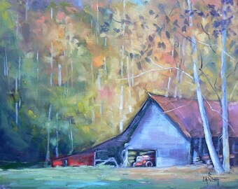 Original Oil Landscape, Mountain Farm in Autumn, Daily Painting, 11x14", "Half Way Up the Mountain", Free Shipping in US
