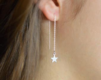 Star Threaders, Threader Earrings, Star threaders, Pull-through earring, Ear thread dangles, Metallic Star Dangles, Chain thread earring