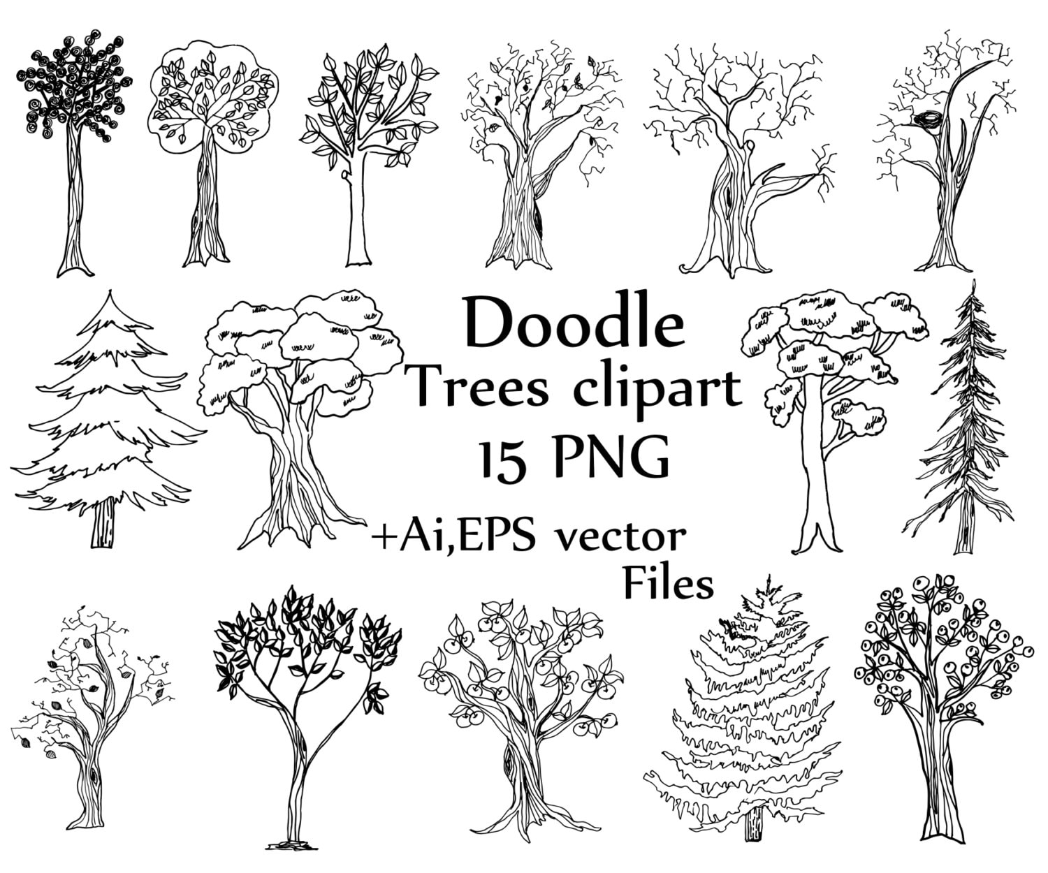 Doodle Trees clipart: TREES CLIP ART Line art Tree