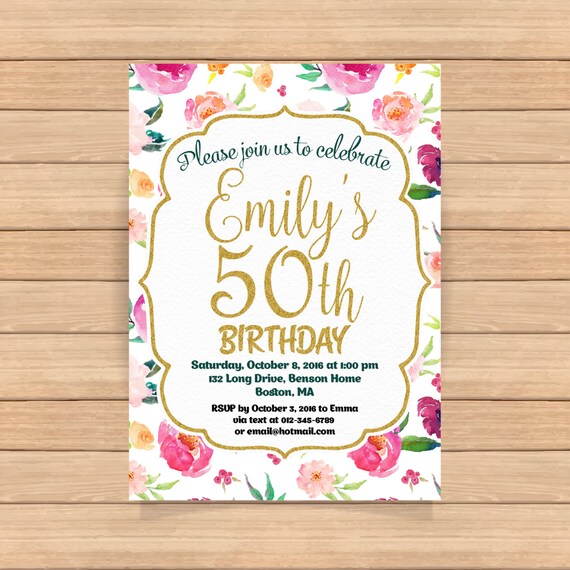 50th birthday invitation Woman Gold Watercolor flower Spring