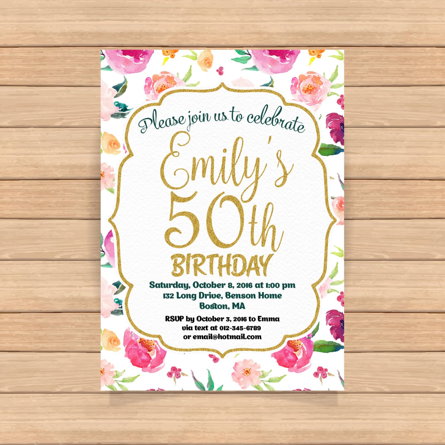 50th birthday invitation Woman Gold Watercolor flower Spring