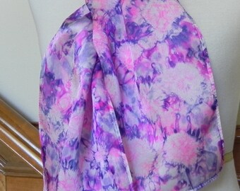 Hand dyed oblong silk scarf magenta pink and purple violet, Unique abstract silk scarf #466, Ready to Ship